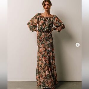 Baltic Born Lizzie Smocked Maxi Dress Floral Green Chiffon Long Puff Sleeves